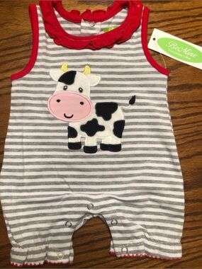 Striped Cow Applique Baby One-Piece Bodysuit - Red Trim